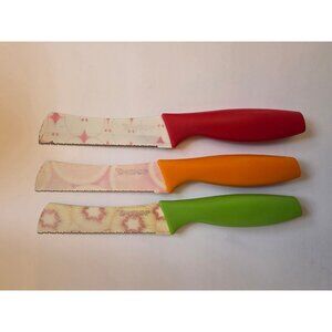 Set Of 3 Tomodachi Slicers Printed Blades Multicolor Handles - Red Orange Green